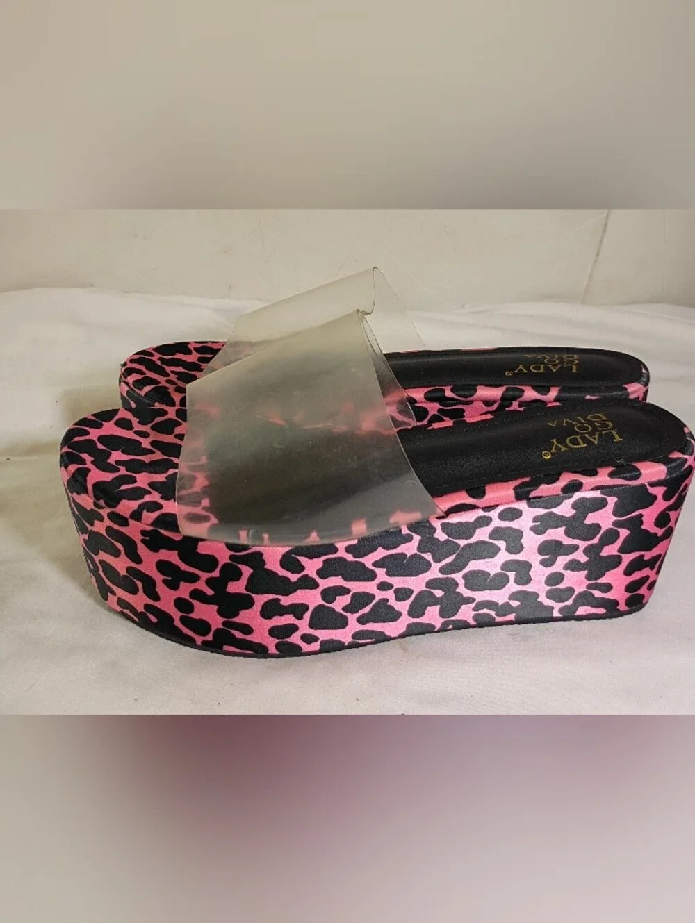 Lady Go Diva Vintage Pink Cheetah Print Flatform Wedge Sandals Clear Upper 6.5